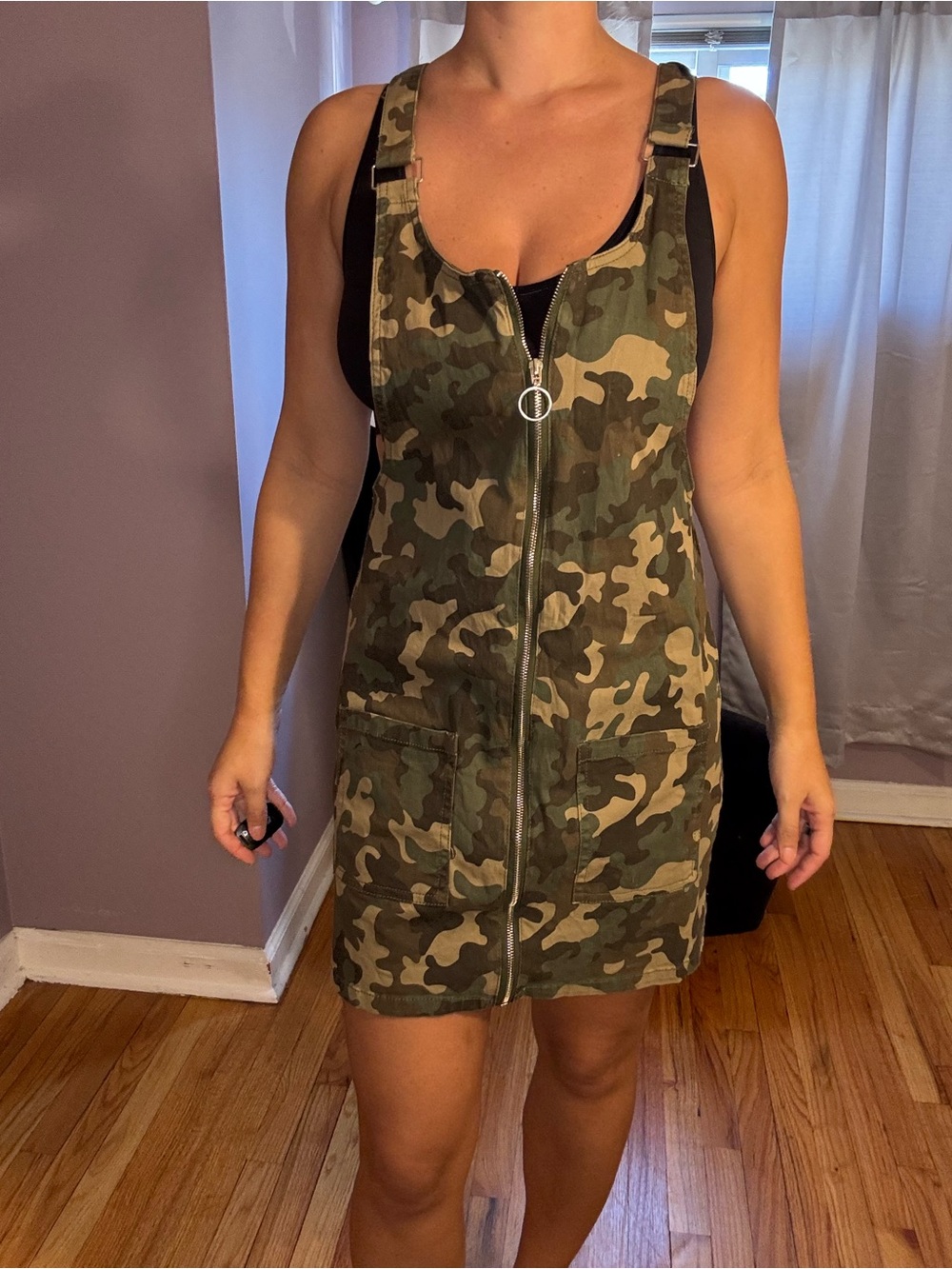 New Look Green Camo Zip-Front Pinafore Mini Dress